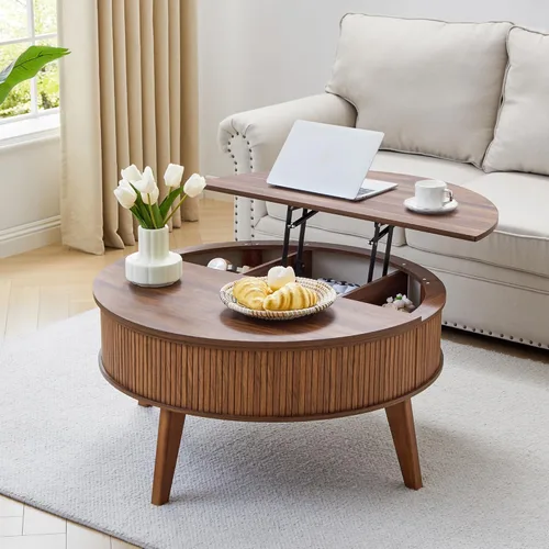 Miniatura 12 de Mesa de centro con parte superior acanalada totalmente montada con compartimento oculto, mesa central de madera, moderna mesa de elevación ovalada