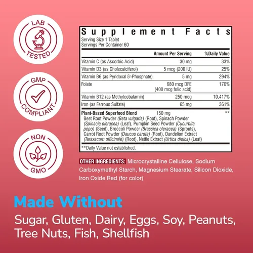 Miniatura 5 de Vitalibre Suplemento de hierro para mujeres y hombres, 65 mg, sulfato ferroso, vitamina C, D3, B6, B12, folato, raíz de remolacha, espinacas