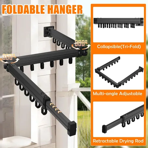 Miniatura 3 de Ahorro de espacio para lavandería negro montado en la pared (trípado) Solo se proporcionan herramientas de instalación de punzón Retráctil