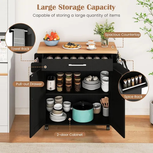 Miniatura 5 de Giantex Isla de cocina, carrito de cocina rodante con estante para especias y toallero, cajón grande y armario de almacenamiento de 2 puertas