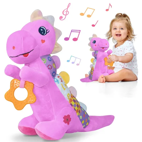 Juguete de peluche suave de dinosaurio para bebés de 0-3-6-12+ meses, juguete musical infantil con sonajero, chirriante, arruga sensorial, mordedor