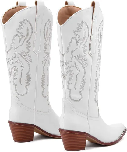 Miniatura 6 de SYHXYHEG Botas vaqueras bordadas para mujer, botas altas hasta la rodilla vaquera, tacón de bloque medio, botines occidentales para mujer