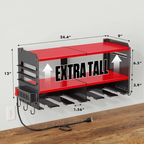 Miniatura 9 de Spampur Organizador de Herramientas Eléctricas de Pared con Regleta de Alimentación de 4 Tomas, Estante de Almacenamiento de Metal Resistente