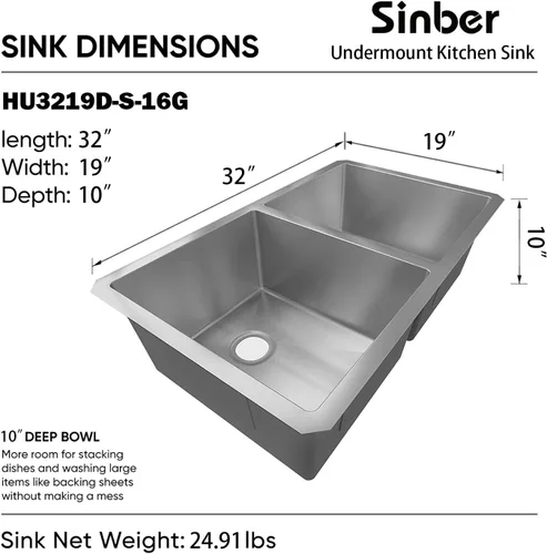 Miniatura 4 de Sinber MU3218D Fregadero de Cocina de Doble Tazón Bajo Encimera de 32" x 18" x 9" con Acero Inoxidable 304 Calibre 18 Acabado Satinado