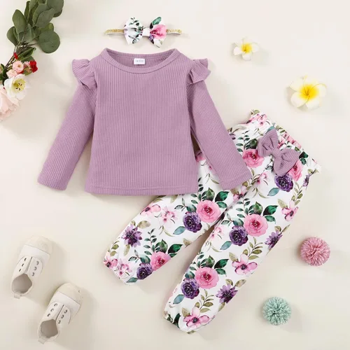 Miniatura 5 de YALLET Conjunto de 3 piezas de ropa de niña pequeña de color liso, manga larga con volantes, pantalones florales + diadema de 1 a 6 años