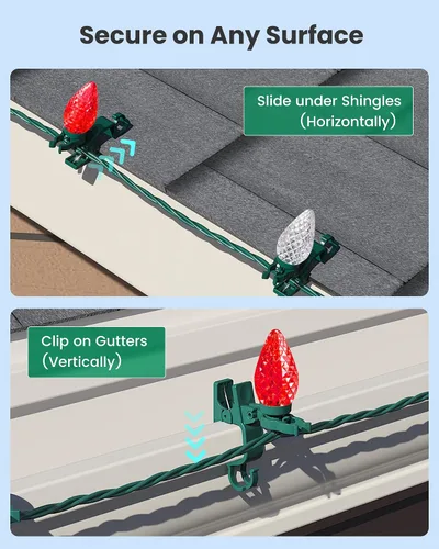 Miniatura 4 de SURAIELEC C9 Luces LED de Navidad con clips, 67 pies, 100 luces de techo de Navidad para exteriores con clips de resorte, luces de cadena rojas