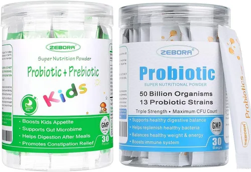 ZEBORA Probióticos para mujeres, hombres y niños a partir de 3 años, prebióticos y probióticos en polvo para la salud digestiva e inmunológica,