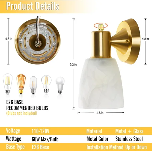 Miniatura 2 de EJIAXIN Juego de 2 apliques de pared, luces doradas de tocador para baño, accesorios de luz de pared modernos con interruptor giratorio, lámpara