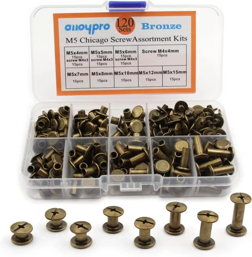 Miniatura 12 de Juego de 50 tornillos de fijación Chicago de bronce, kit surtido de remaches de uñas, botón Chicago, decoración de cuero, encuadernación redonda