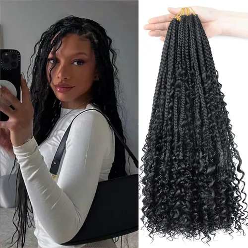 Miniatura 25 de LMZIM 18 Pulgadas Trenzas de Caja Bohemias 8 Paquetes Trenzas de Caja de Diosa Bohemia Cabello de Ganchillo con Puntas Rizadas Cabello de Ganchillo