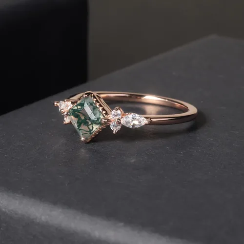 Miniatura 3 de Gem's Beauty Anillos de compromiso de ágata musgo verde de 14 quilates, oro rosa de 14 quilates, plata de ley 925, anillo de compromiso de tres
