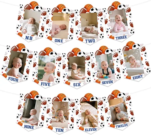 Sursurprise Decoraciones deportivas de primer cumpleaños, pancarta mensual de fotos para niños, suministros de fiesta de primer cumpleaños