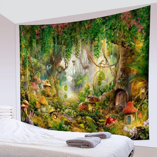 Miniatura 5 de Tapiz de bosque de fantasía, 78.7 pulgadas de ancho x 59 pulgadas de largo (78.7 x 59.1 in) de hongo encantado, tapiz mágico de cuento de hadas