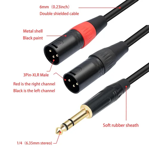 Miniatura 3 de 1/4 TRS a doble XLR macho Y-Splitter Cable de conexión estéreo de 1/4 pulgadas (0.250 in) a 2 XLR Cable de conexión de 3.3 pies