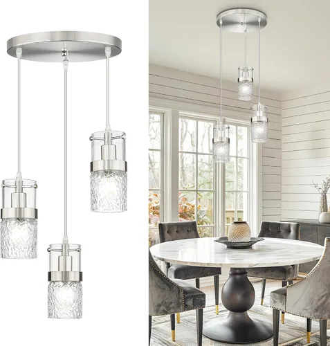 Miniatura 13 de LMS Paquete de 2 Luces Colgantes Modernas, Luz Colgante Dorada Cepillada para Isla de Cocina con Vidrio Martillado, Lámparas Colgantes Ajustables