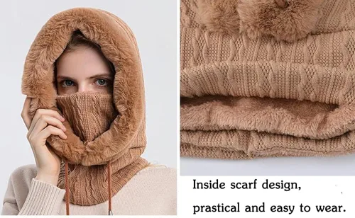 Miniatura 6 de Gorro de forro polar holgado de una pieza para mujer, bufanda con cordón, cálido, con capucha, pasamontañas de invierno