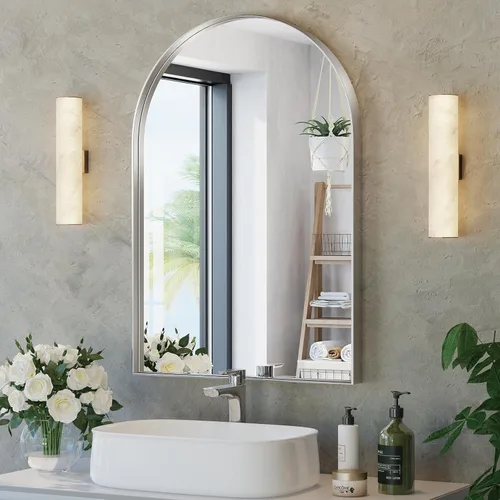 Miniatura 10 de Brightify - Espejo arqueado dorado de 24 x 32 pulgadas, espejo de pared con marco de metal de latón para baño, espejo arqueado superior para tocador