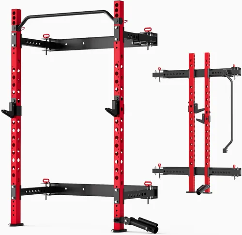Miniatura 8 de MU 5.08 cm x 5.08 cm Estante Plegable para Sentadillas, Estante de Potencia Montado en Pared de 499KG con Barra Ajustable para Flexiones, Ganchos
