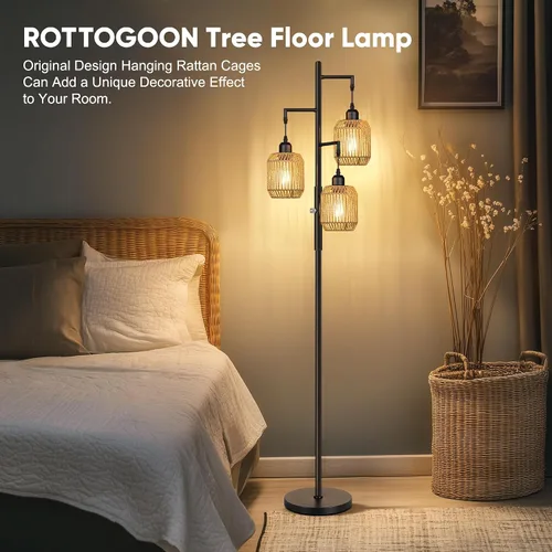 Miniatura 7 de ROTTOGOON Lámpara de Pie Bohemia Regulable - Lámpara de Pie de Ratán de Granja de 3 Luces para Sala de Estar, Lámparas de Pie Industriales tipo