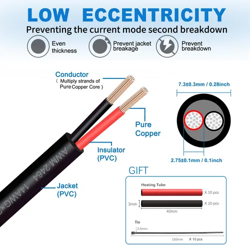 Miniatura 4 de Cable eléctrico de calibre 14, 2 conductores, 50 pies, 14/2, cable de extensión UL2464 DC5V/12V/24V/300V 14AWG, cable de cobre puro trenzado de bajo