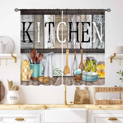 Miniatura 37 de Cortinas Rústicas de Cocina, Tenedor Cuchara Retro Tablón de Madera Granja País Tema de Cocina Citas Divertidas Tratamiento de Ventana
