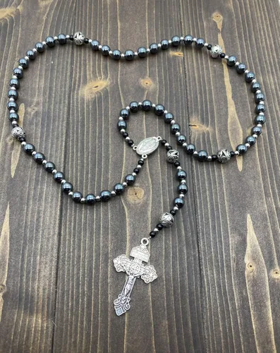 Miniatura 6 de Nazareth Store Pardon Hematite - Rosario para hombre cuentas negras de acero inoxidable medalla milagrosa y cruz de nuestro padre 20 pulgadas