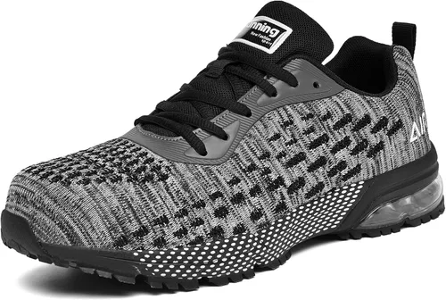 HiHatide - Zapatos con punta de acero para hombre, zapatos de trabajo, zapatos de seguridad, con amortiguación de aire, ligeros, antideslizantes,