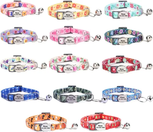 Miniatura 6 de Collar de gato con nombre de identificación, placa de número de teléfono, patrón floral grabado personalizado, collar de gatito con campana, azul a
