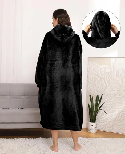 Miniatura 2 de Sendowtek Manta Vestible para Mujeres y Hombres, Sudadera Larga Sherpa con Capucha y Bolsillo Grande, Manta con Capucha Cómoda de Gran Tamaño, Negro