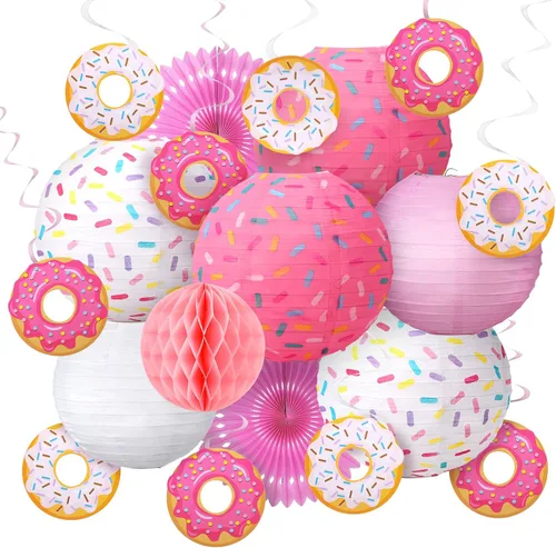 Miniatura 7 de Hortsun 19 piezas de decoración de fiesta de cumpleaños con forma de dona, faroles colgantes con temática de donas, decoración de papel