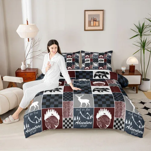 Miniatura 195 de Juego de edredón de oso y ciervo, tamaño individual, ropa de cama de animales salvajes de caza, colcha rústica de cabaña, casa de campo, cuadros
