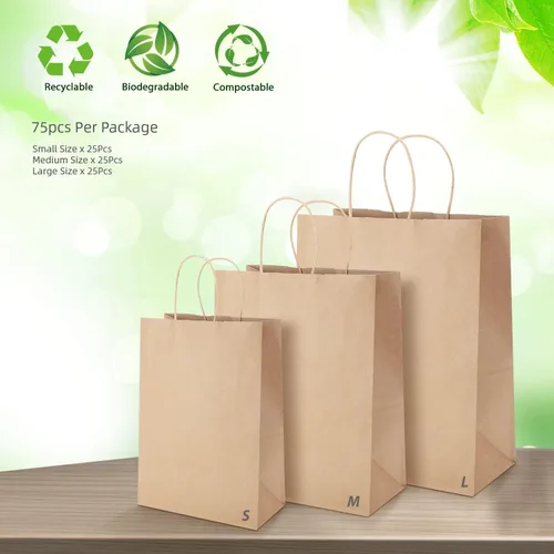 Miniatura 3 de Kslong Paquete de 75 bolsas de regalo de estraza marrón con asas, bolsas de compras de papel kraft liso natural a granel para negocios minoristas