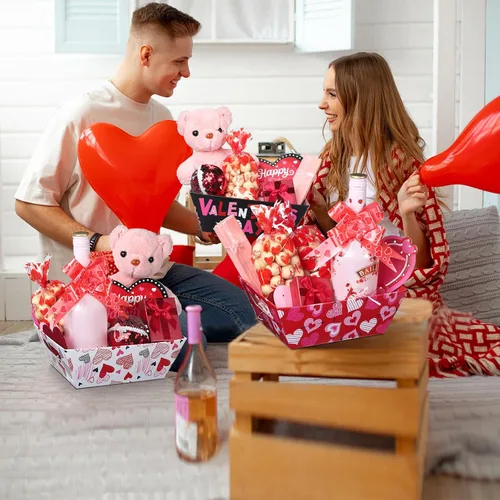 Miniatura 5 de Tatuo Juego de 12 cestas de San Valentín para regalos vacías con bolsas de celofán, bandeja de mercado de corazón de San Valentín, lazos, kit