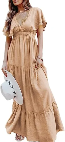 Amegoya - Vestido largo casual de manga corta con cuello en V para mujer, diseño floral, estilo bohemio, para la playa, sesión de fotos, con volantes