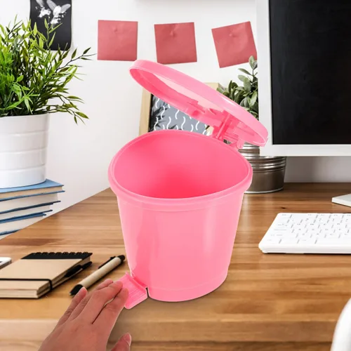 Miniatura 3 de Papelera de escritorio, contenedor de plástico rosa con tapa, tamaño mini para oficina en casa, decoración creativa
