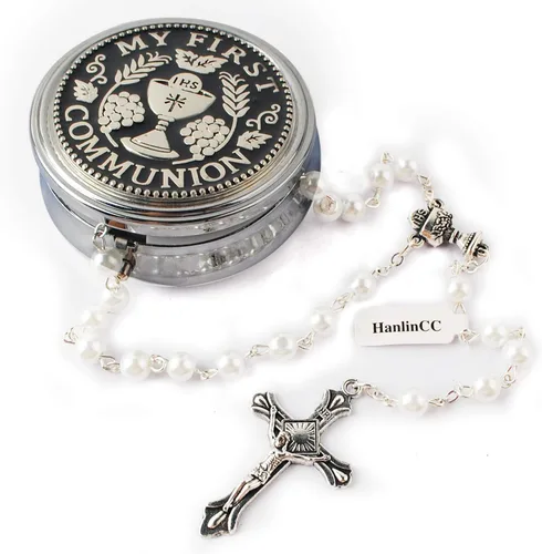 Miniatura 15 de HanlinCC - Rosario para primera comunión de 6 mm con centro de cáliz, perlas de cristal y crucifijo chapado en plata para niña, en caja de regalo