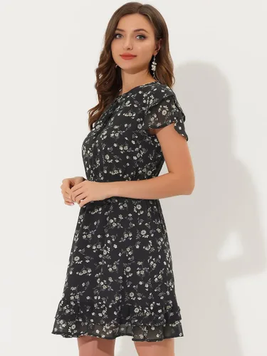 Miniatura 3 de Allegra K Vestido de gasa floral con cuello en V y mangas con volantes para mujer