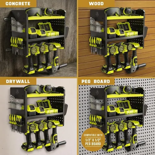 Miniatura 5 de BUILTSTRONG Organizador de almacenamiento de herramientas de metal resistente - Organizador de montaje en pared de 3 niveles, soporte de taladro