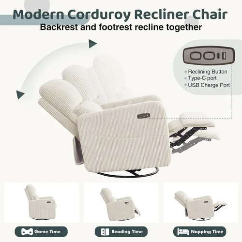 Miniatura 4 de Mecedora Reclinable Giratoria, Reclinable Eléctrico de Gran Tamaño con Cojín Removible, Sillas de Guardería Reclinables Giratorias Tapizadas