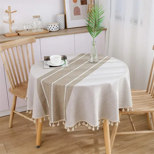 Miniatura 3 de Dimatic Mantel de Algodón y Lino de Peso Pesado - Mantel Redondo de 60 Pulgadas - Cubierta de Mesa con Costura de Borlas para Decoración de Beige