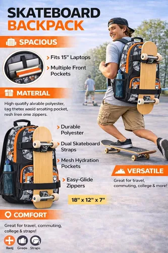 Miniatura 7 de Eastsport Mochila de viaje para monopatín con doble correa, bolsa para computadora portátil, diseño multideportivo para hombres y mujeres, camuflaje