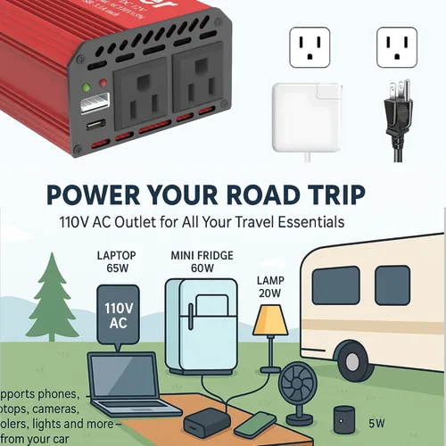 Miniatura 3 de Pro Chaser Inversores de Potencia de 400W para Vehículos - Convertidor Inversor de Coche de CC 12v a 110v CA, USB-A, Puertos USB-C PD 65W, Adaptador
