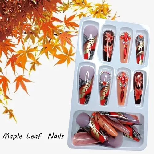 Miniatura 3 de 24 uñas postizas largas a presión con diseño de ataúd con diamantes de imitación, uñas postizas de cobertura completa, uñas postizas de otoño
