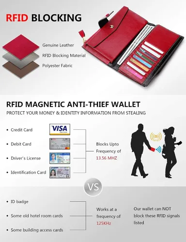 Miniatura 3 de DemonHunter Cartera de piel auténtica con bloqueo RFID de gran capacidad para mujer DZA2083 DZA2083J x Borgoña Cartera RFID