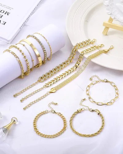 Miniatura 4 de Juego de 12 pulseras de oro delicadas para mujer, ajustables, chapadas en oro de 14 quilates, joyería de oro punk, pulseras de cuentas de moda