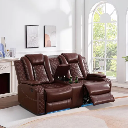 Miniatura 14 de Juego de sofá reclinable de cuero eléctrico con LED, juego de sala de estar de cuero, juego de sofá reclinable con puerto USB/soporte