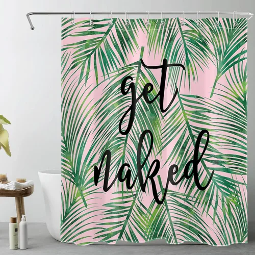 Miniatura 11 de LB Cortina de ducha de plantas de hojas verdes tropicales, citas divertidas y hojas de palma en cortinas de ducha beige para baño, tela de poliéster
