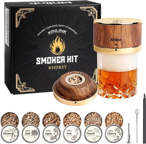 Miniatura 8 de Kit de ahumador de whisky con antorcha, sin butano, chips de madera de 6 sabores, 2 vasos de whisky, 2 moldes redondos para cubitos de hielo, kit