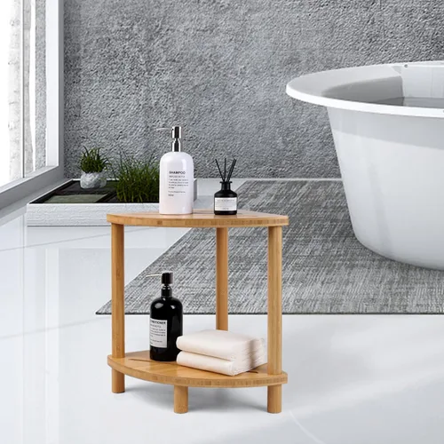 Miniatura 7 de Taburete de ducha esquinero de bambú mejorado para ducha interior impermeable, reposapiés de ducha de 2 niveles con estante de almacenamiento