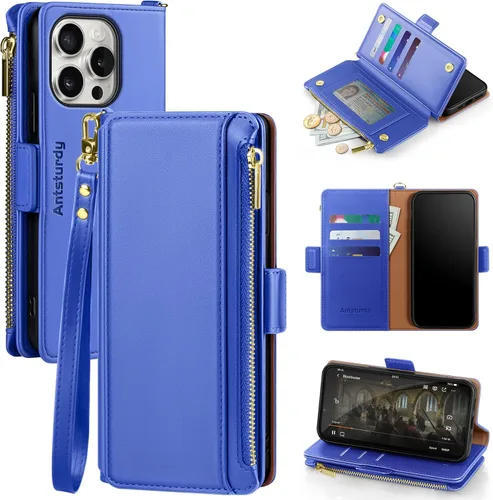 Miniatura 18 de Antsturdy Compatible con iPhone 15 Pro Max Funda Cartera para Mujeres【Bloqueo RFID】Funda de Teléfono Cruzada de Cuero PU con Cremallera y Correa